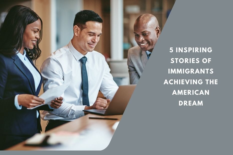 Successful immigrants smiling in diverse career settings representing the American Dream