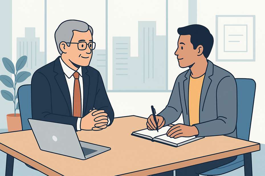Mentor guiding a young professional in a modern office setting