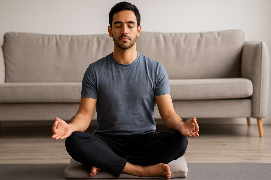 Person meditating with brain and stress symbols in the background
