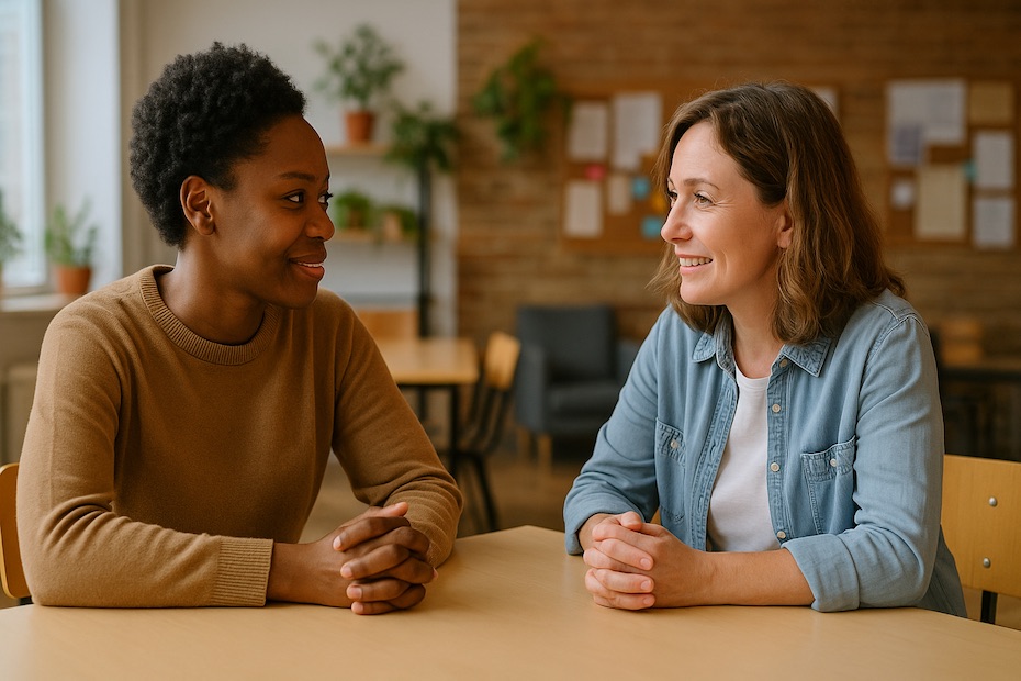 Two people sharing a warm, thoughtful conversation at a community center table