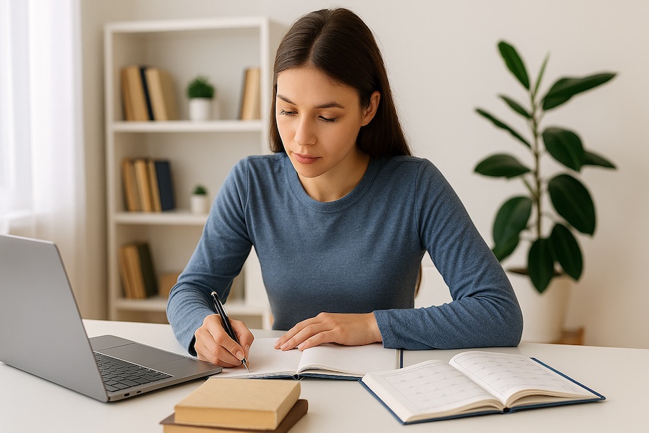 Student learning with a laptop and notebook in a modern workspace