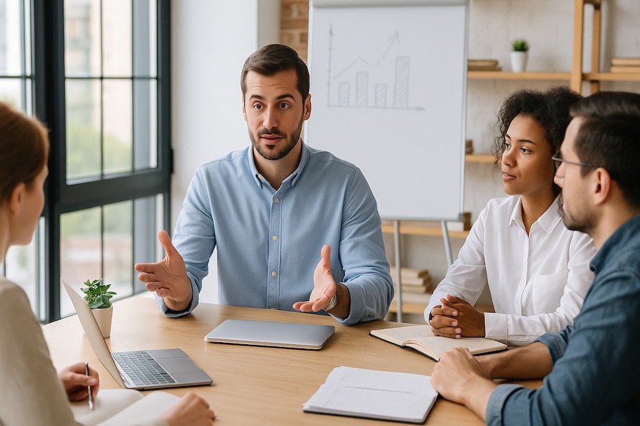 A confident leader guiding a team during a strategy meeting