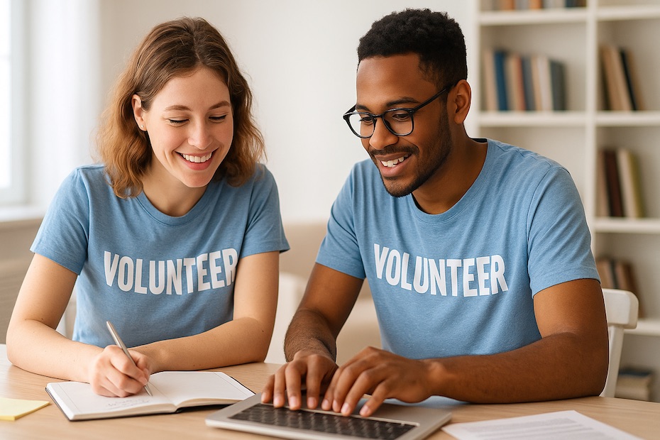 Two people working together at a nonprofit volunteer desk, smiling and taking notes