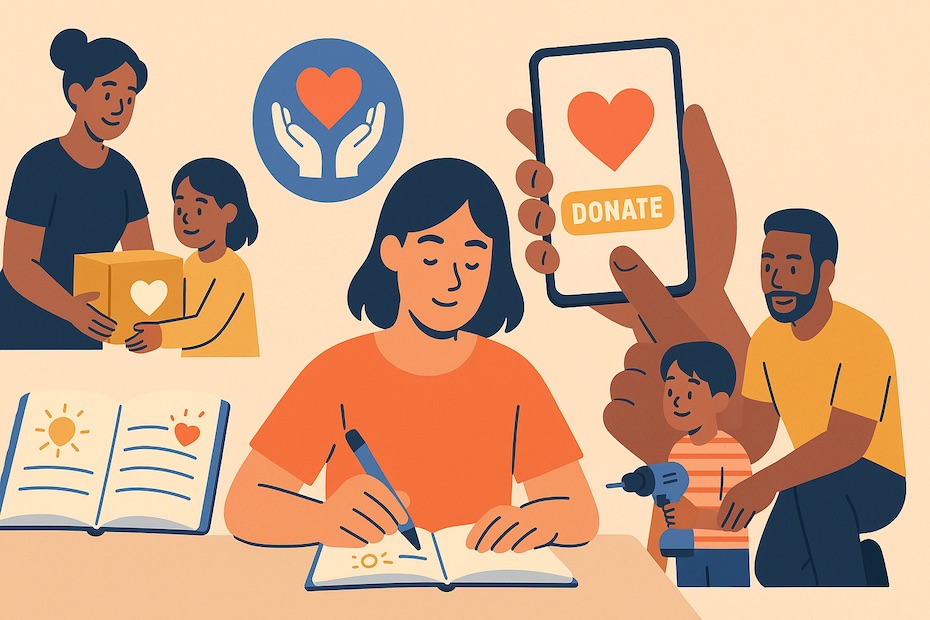 A person journaling gratitude, donating via mobile app, volunteering, and involving family—symbolizing daily philanthropic habits.