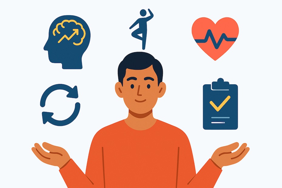 A focused professional surrounded by icons for growth mindset, adaptability, positive emotions, and stress recovery.