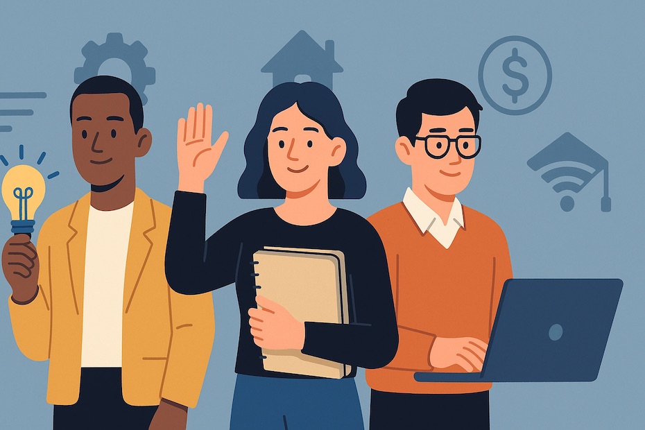 Illustration showing entrepreneurs, creatives, and innovators working toward financial independence, symbolizing the modern American Dream.