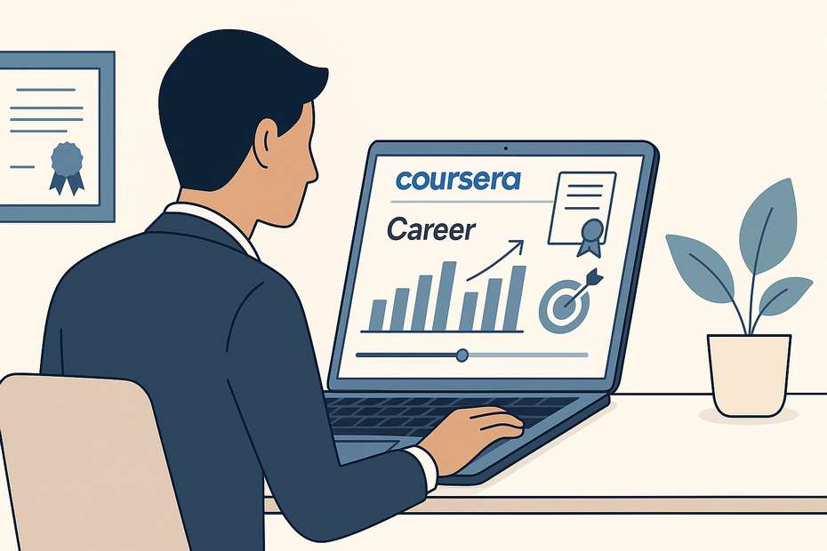 A professional viewing career development through Coursera on a laptop with dashboards, certificates, and growth visuals.