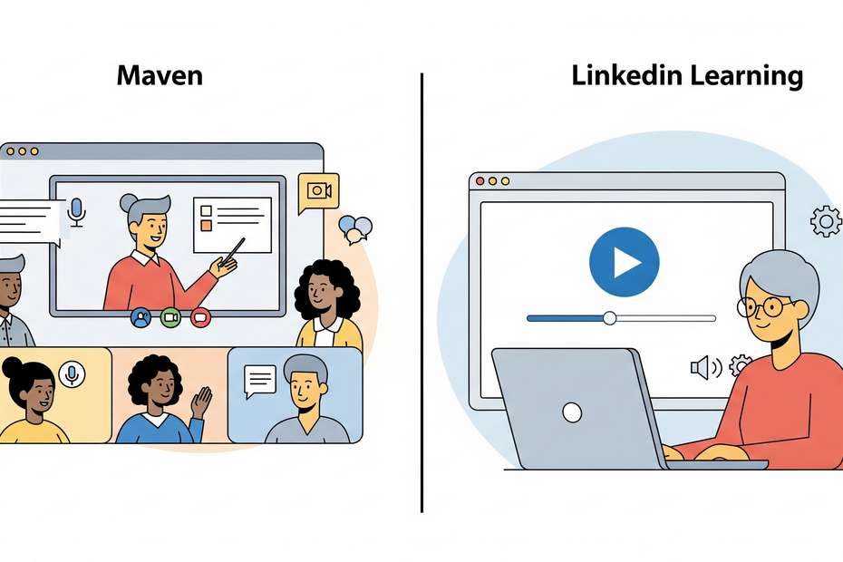 Illustration comparing Maven and LinkedIn Learning, with one side showing live cohort learning and the other self-paced online courses.
