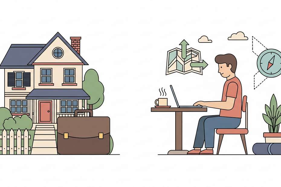 A person balancing career, home, and well-being with modern icons like laptops, travel, and wellness alongside traditional symbols of success.