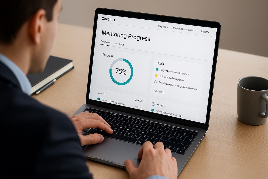 A professional reviewing mentoring progress on a laptop using the Chronus platform to track goals and career development.