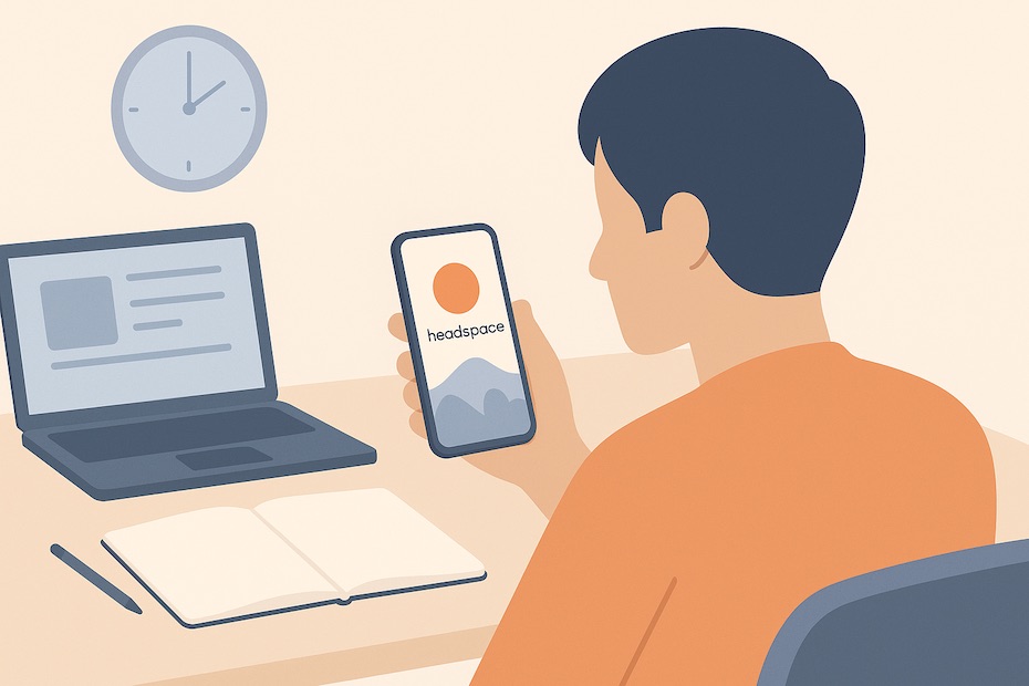 A person using the Headspace app on a smartphone while sitting at a desk, symbolizing mindfulness practice and resilience building.
