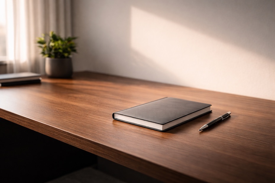 Minimal wooden desk with a closed notebook and pen in soft natural light