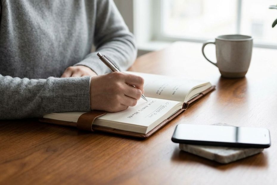Person writing a daily plan beside a journal and smartphone set aside, symbolizing daily habits for rewiring the brain for success.