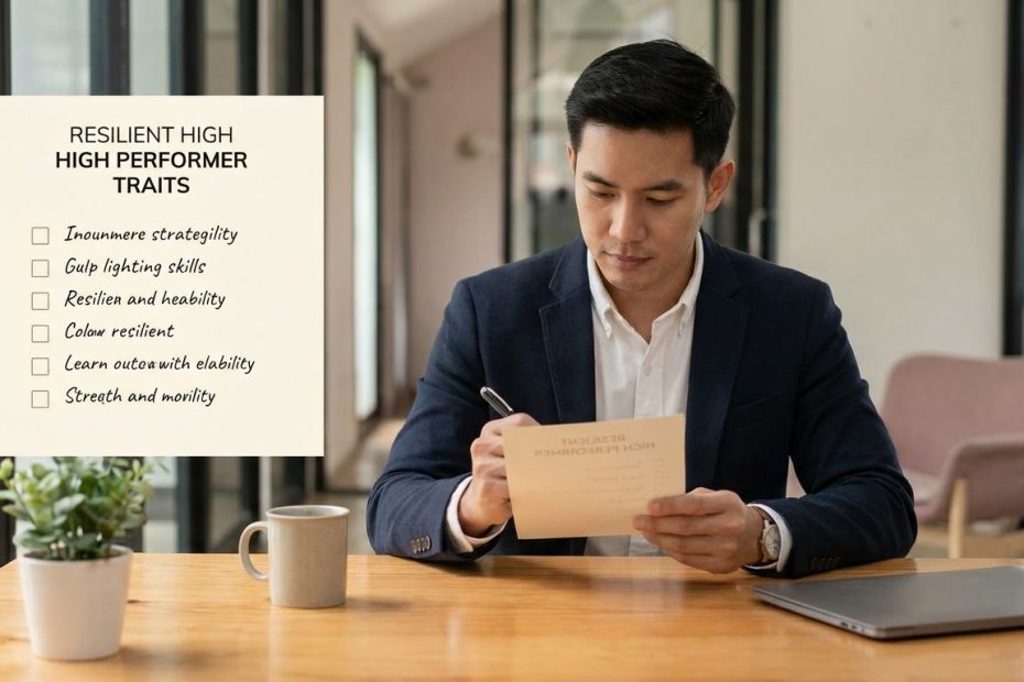 A professional reviewing a checklist of the six traits of resilient high performers at a desk
