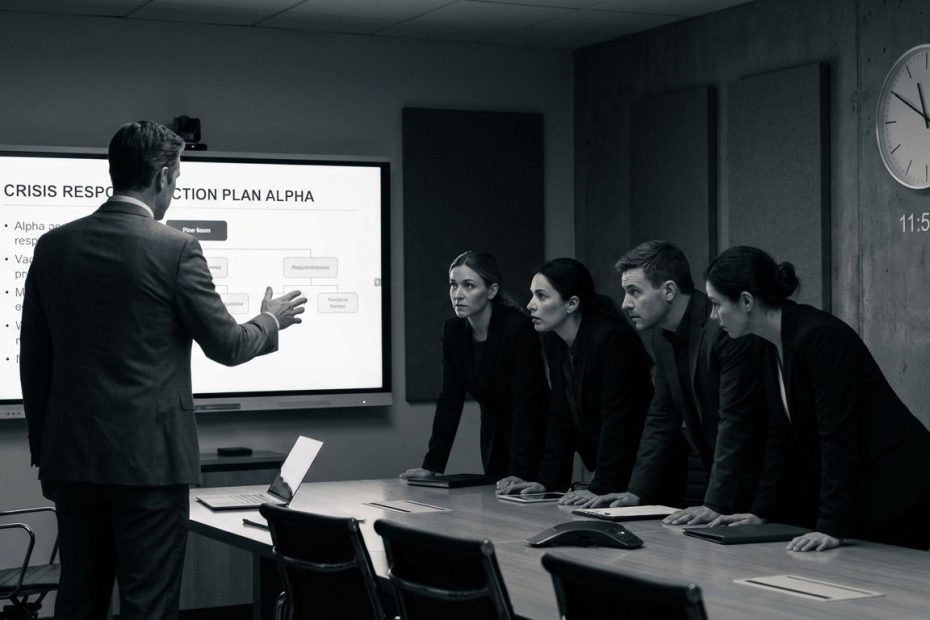 Leader calmly briefing a team during a crisis meeting, pointing to a simple action plan on a whiteboard.