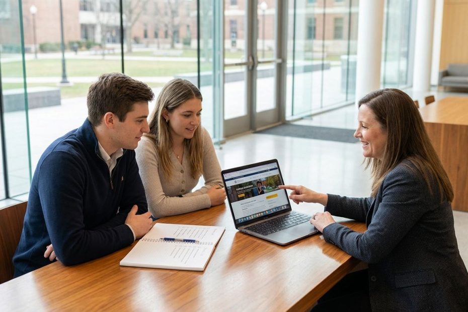 First-gen college student studying with a laptop while meeting with a career advisor