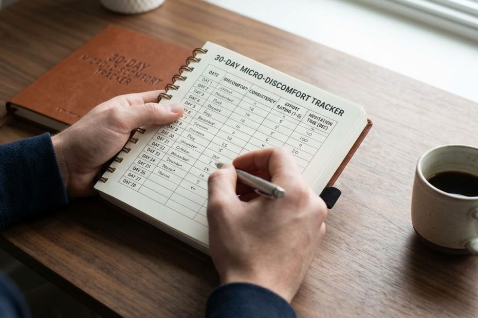 Person checking a 30-day micro-discomfort habit tracker with daily checkmarks and effort ratings on a notebook beside a timer
