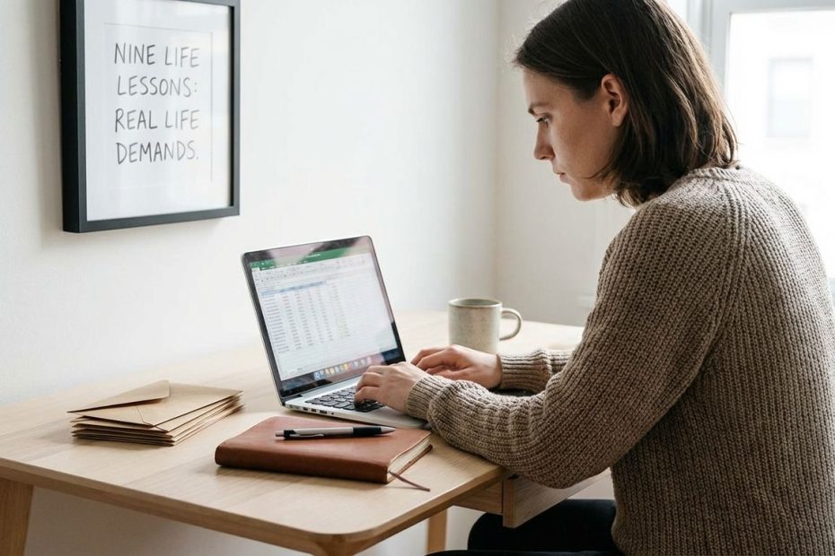 Young adult at a desk reviewing a budget and checklist on a laptop, planning life lessons for adulthood.
