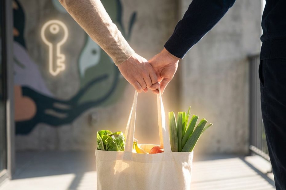 Person handing a grocery bag to a neighbor at a doorstep, showing one act of service that supports inner growth.