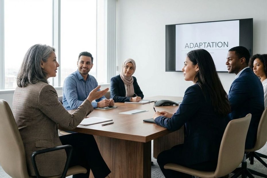 Immigrant leader guiding a diverse team meeting with calm, focused collaboration