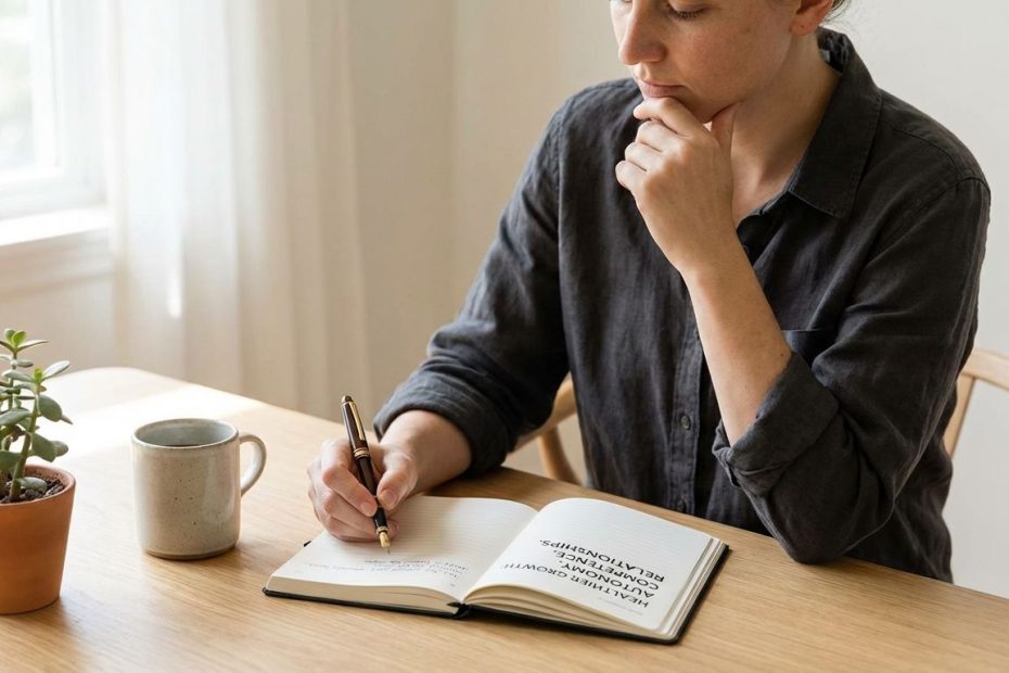 Person writing in a notebook, reframing their personal growth goals without pressure