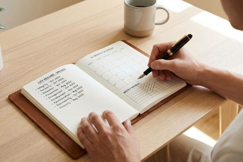 Person writing a life resume in a notebook beside a calendar and checklist