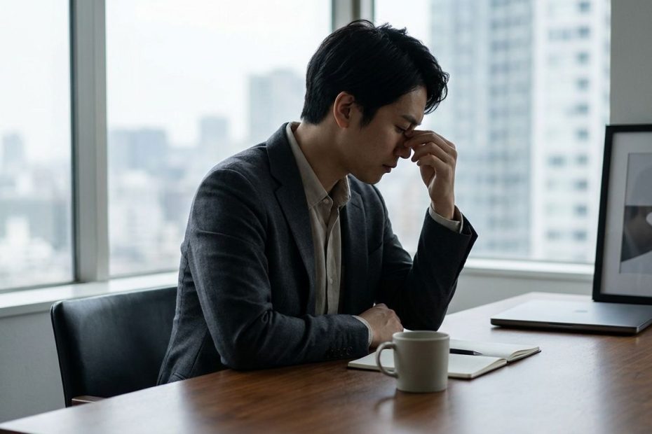 Person at a desk reviewing two resumes and a career plan notebook, symbolizing a career change identity crisis