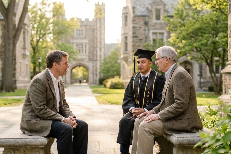 First-gen college student in cap and gown meeting with a mentor on campus
