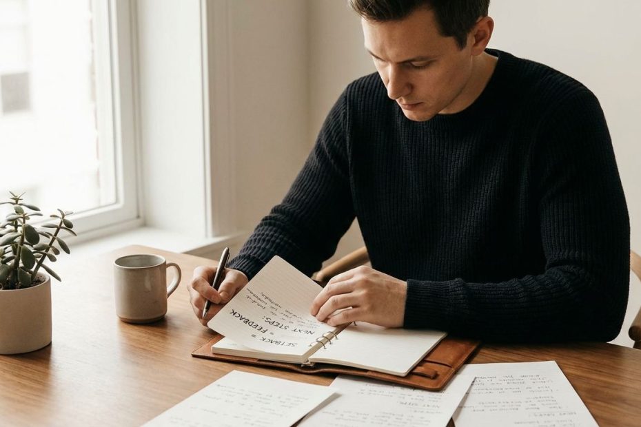 Person reviewing notes after a setback, reframing results as feedback with a calm, focused mindset