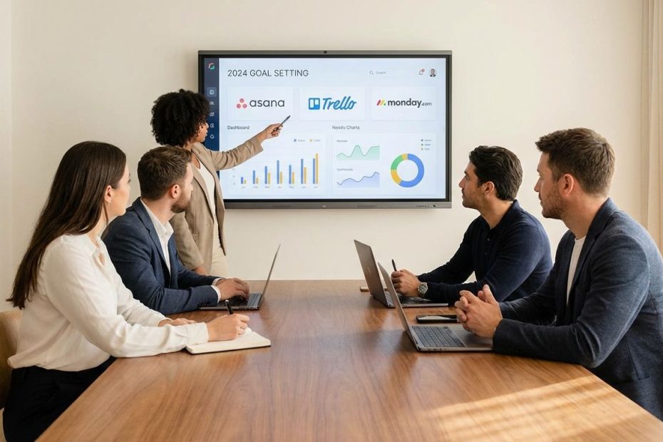 Team reviewing goal-setting platforms on a laptop dashboard during a planning meeting