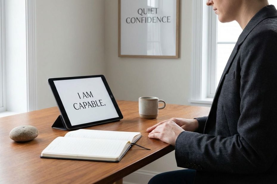 Professional sitting at a desk, reflecting calmly while practicing positive inner self-talk to fight impostor syndrome