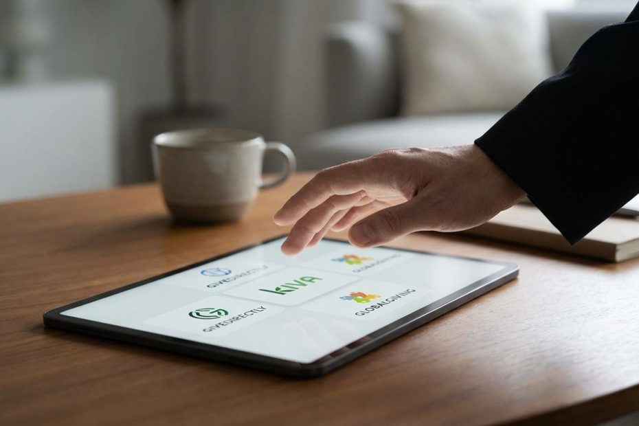 Person using a laptop and phone to compare micro-philanthropy platforms for easy charitable giving