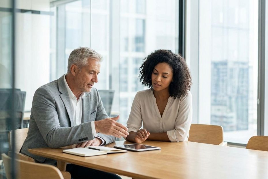 Immigrant professional meeting with a mentor while reviewing career and business opportunities on a laptop