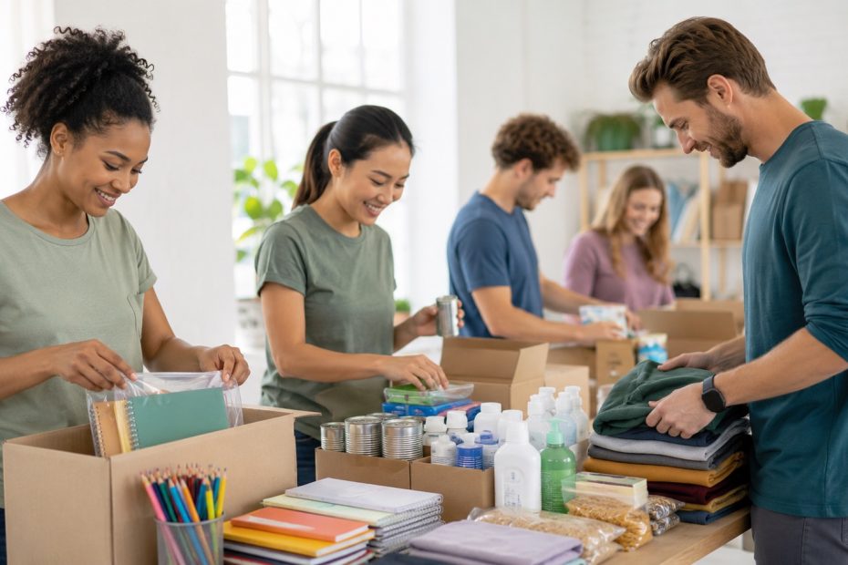 Volunteers organizing donated supplies at a local nonprofit table, representing philanthropy without wealth through service and trusted giving.