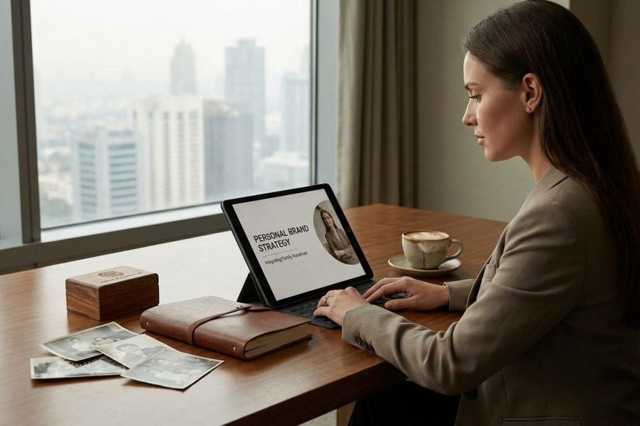 Professional reflecting on family history while shaping a personal brand message at a desk