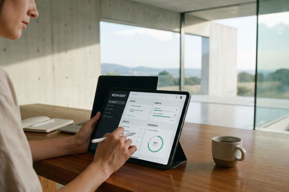 Person using digital tools on a laptop and phone to plan goals, track habits, and support personal reinvention