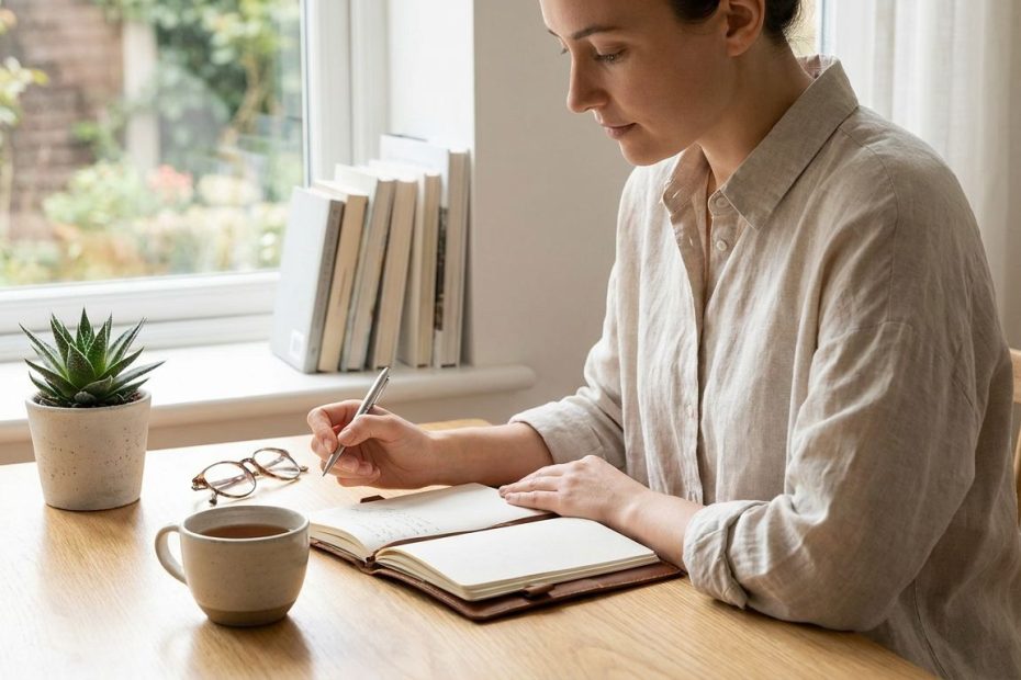Person sitting calmly with a journal and coffee, reflecting on daily habits that help build resilience and manage stress
