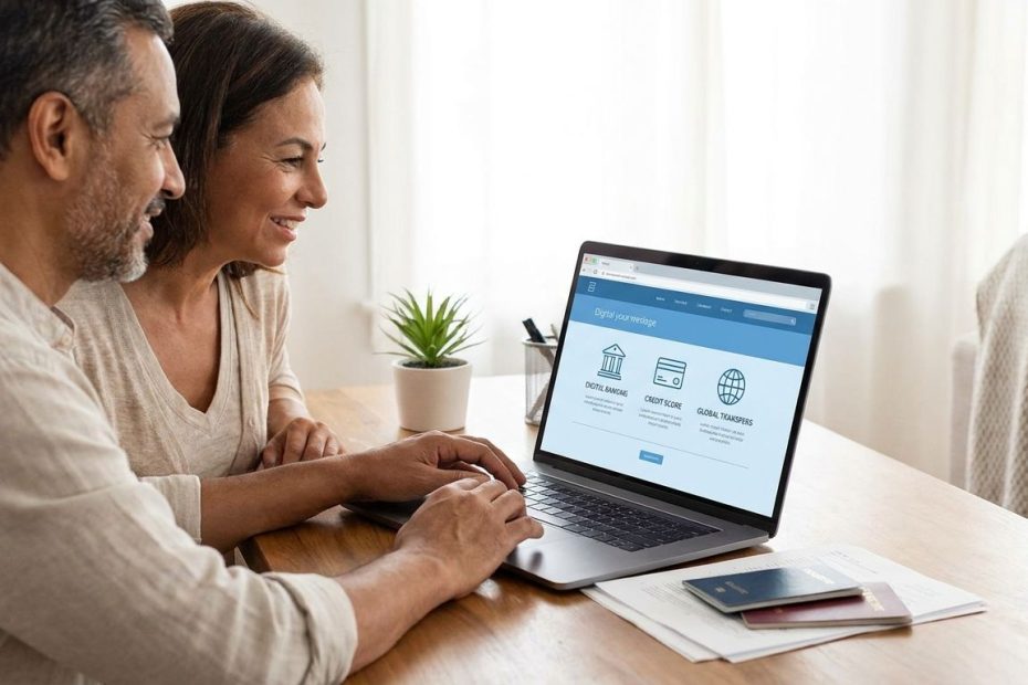 Immigrant couple reviewing digital financial platforms on a laptop to build credit and manage money in the United States