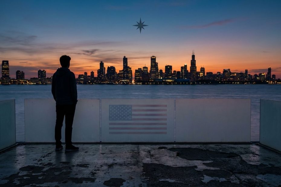 Young adult looking toward a city skyline, symbolizing the American Dream and upward mobility.