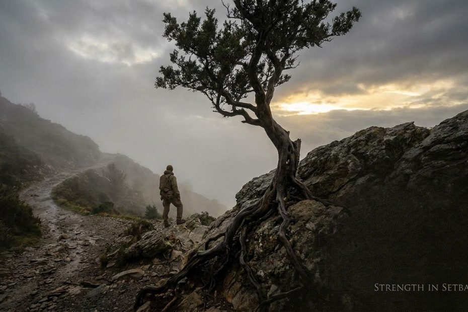 Person standing on a rocky path at sunrise, symbolizing resilience after a setback