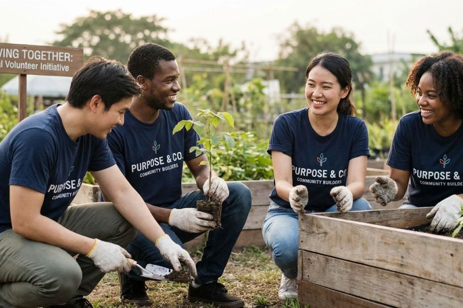 Employees volunteering together at a community giving event