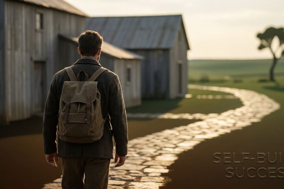 Young adult walking from a modest neighborhood toward sunrise, symbolizing ordinary beginnings building an extraordinary life.