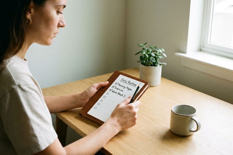 Person following a daily habit checklist at a desk to build self-discipline